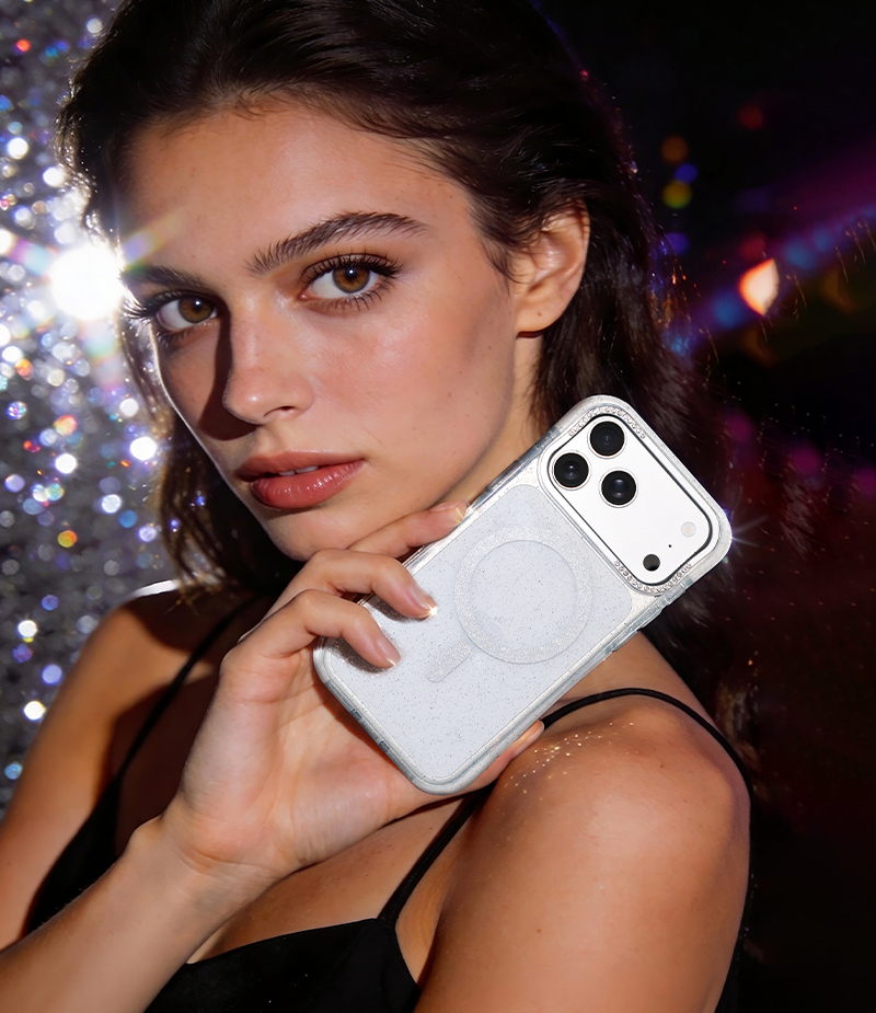 Lifestyle display of silver rhinestone phone case