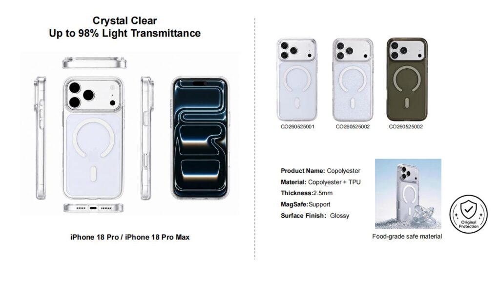 Clear iPhone 18 Pro Max case with magnetic support and anti-yellowing performance