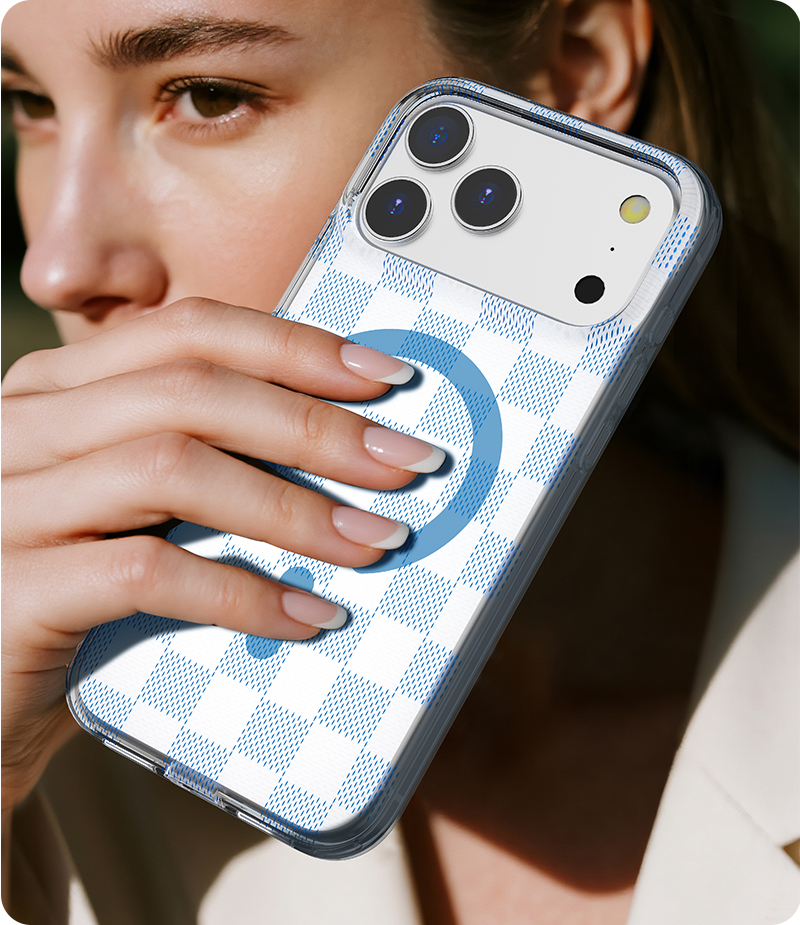 3D tissage IMD phone case with blue checker pattern