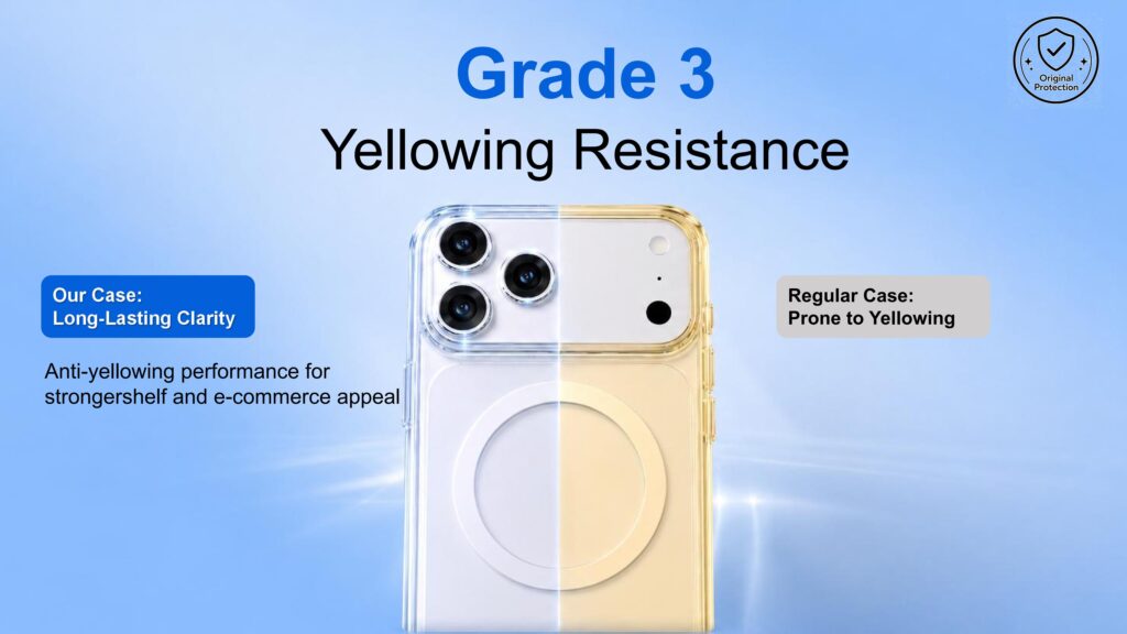 Copolyester clear phone case with yellowing resistance