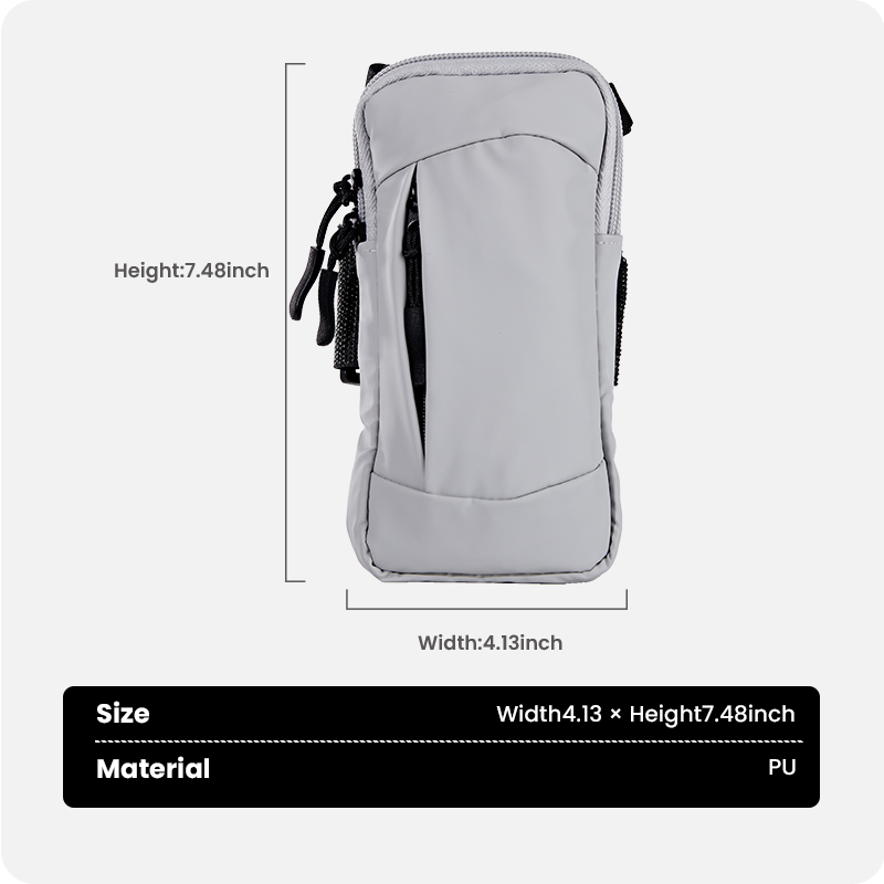 Size details of gray sports arm pouch
