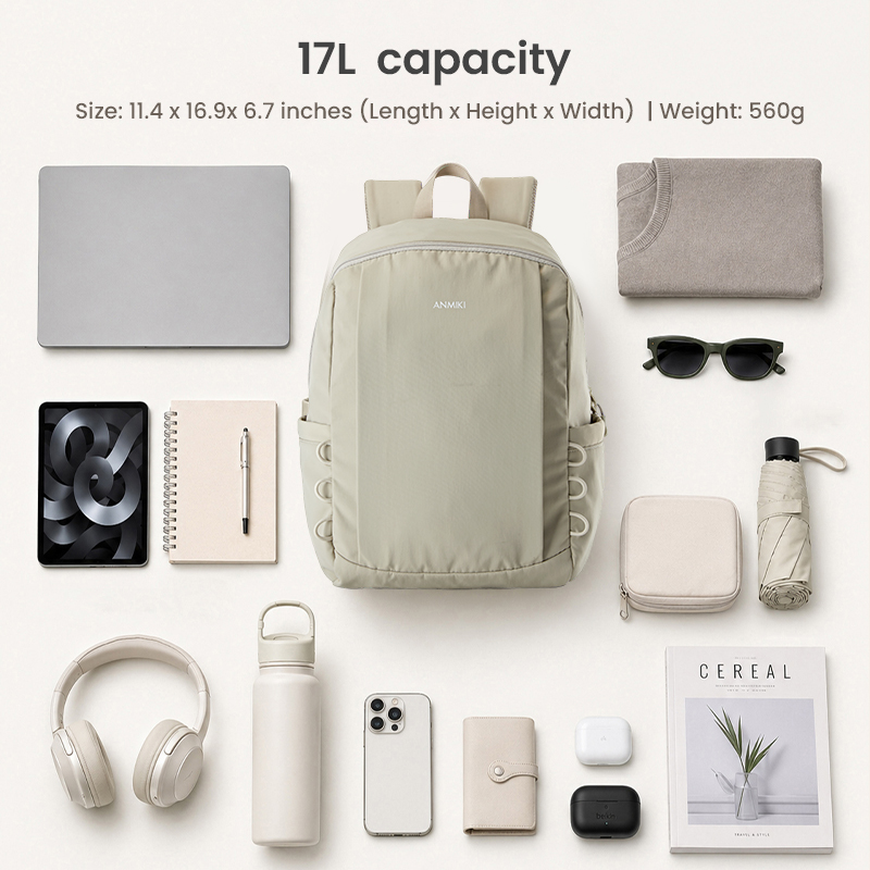 17L capacity layout with laptop and travel items