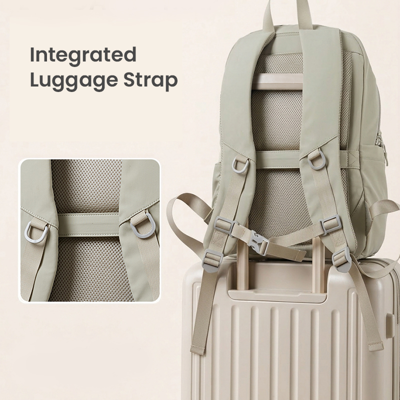 Integrated luggage strap on back panel