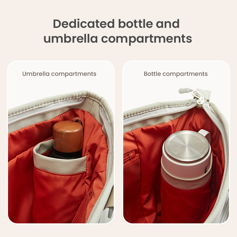 Bottle and umbrella compartments inside bag