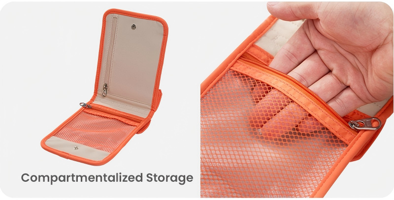 Compartmentalized storage with inner mesh pocket