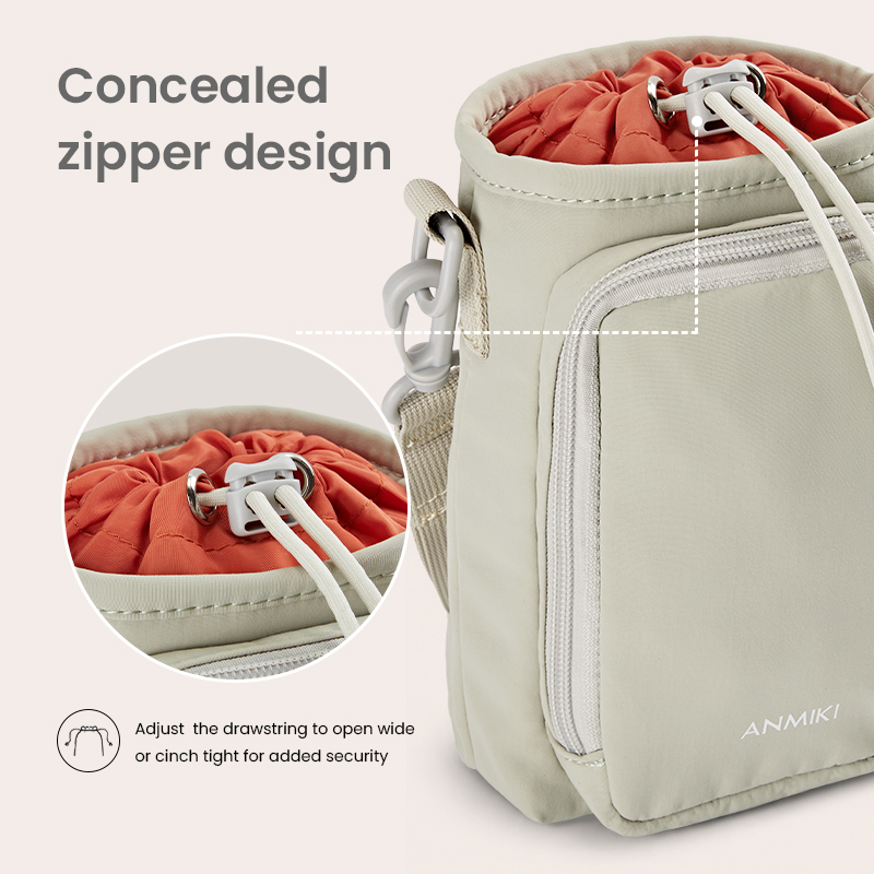 Close-up of concealed zipper and drawstring opening