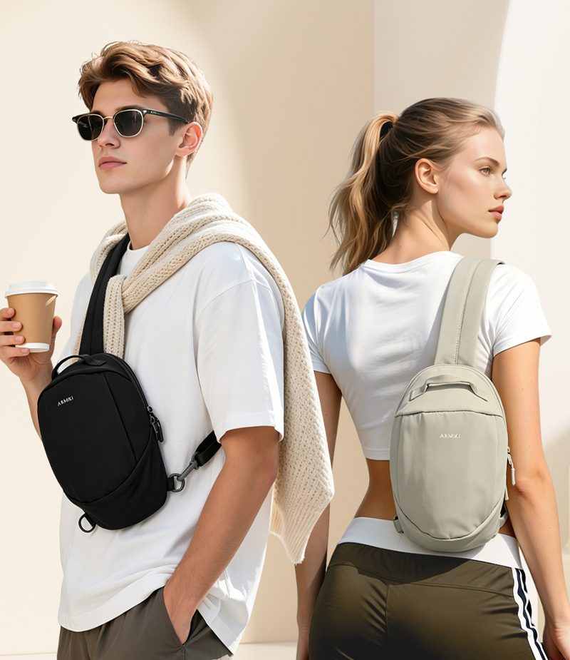 Black and beige crossbody pouch lifestyle display