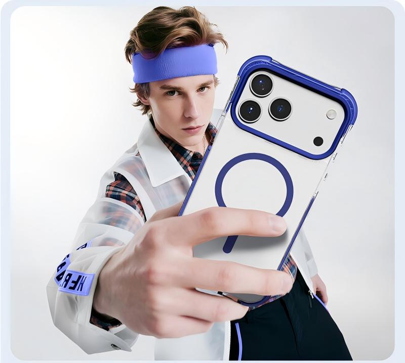 Lifestyle image of blue defender phone case