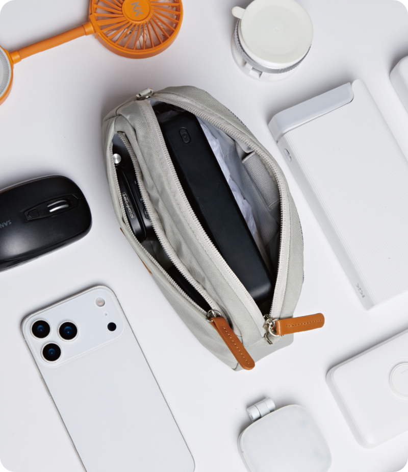 Open organizer pouch with phone and small accessories