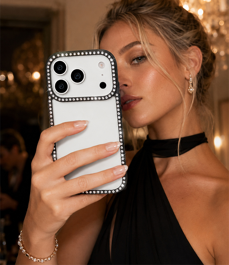 Double-sided rhinestone phone case in party scene