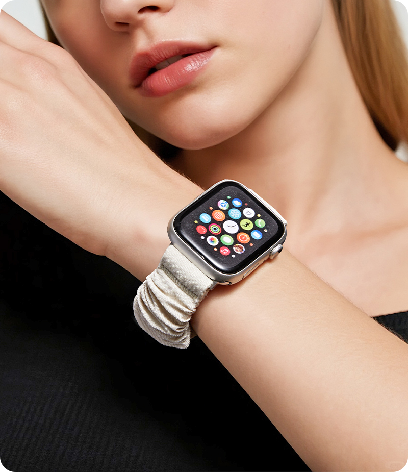 Lifestyle image of soft fabric strap on wrist
