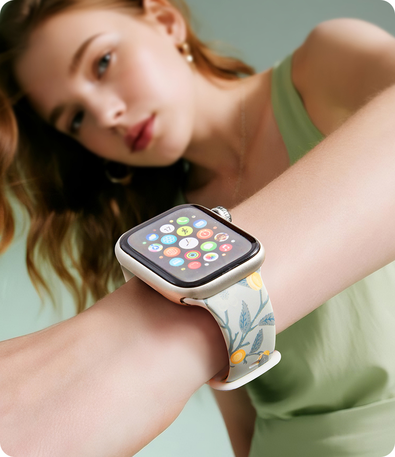 Lifestyle image of floral strap on wrist