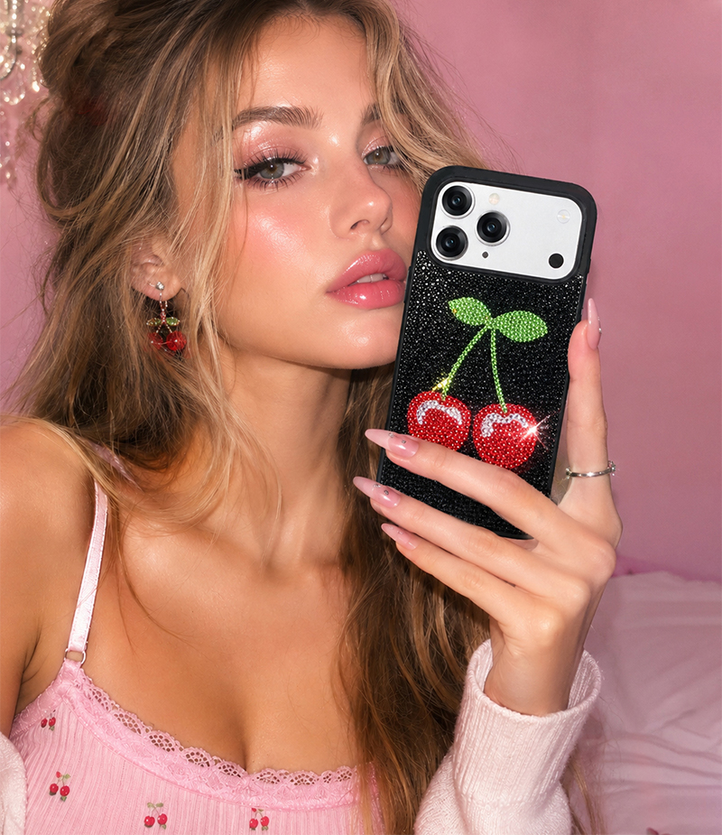 Full rhinestone phone case with cherry design
