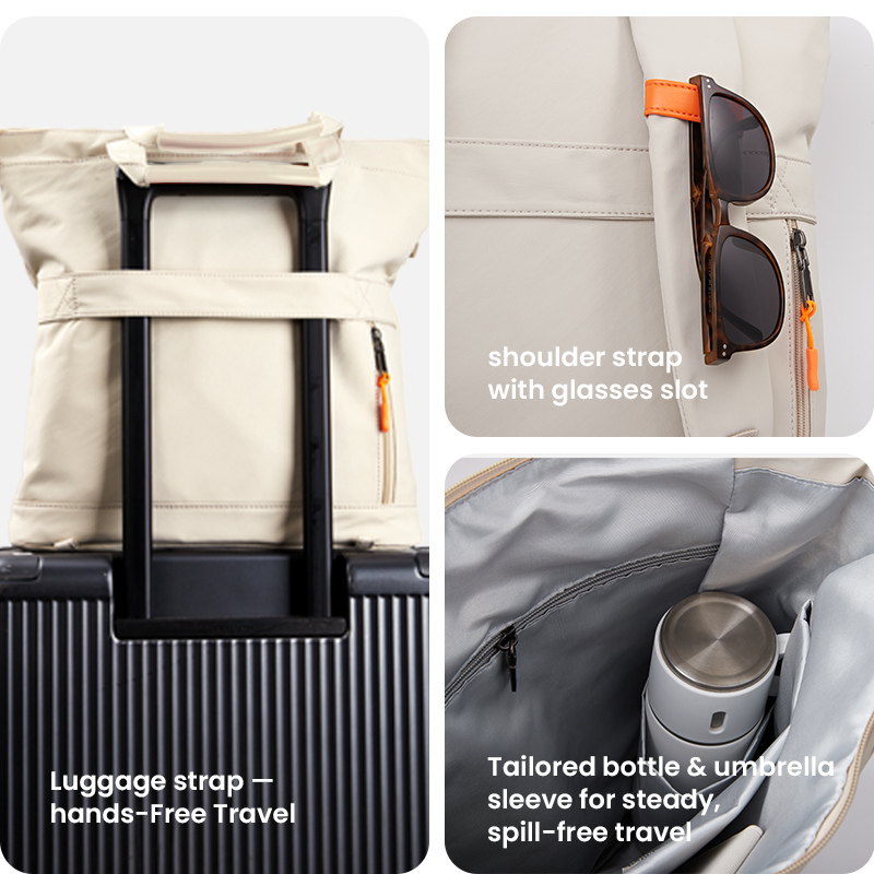 Luggage strap and bottle sleeve tote backpack