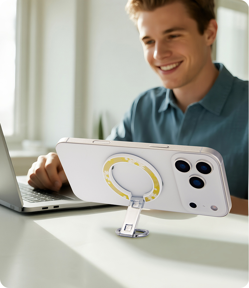 Lifestyle image of magnetic finger ring stand on phone