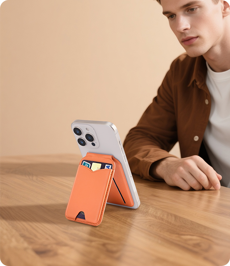 Lifestyle image of magnetic card holder phone stand