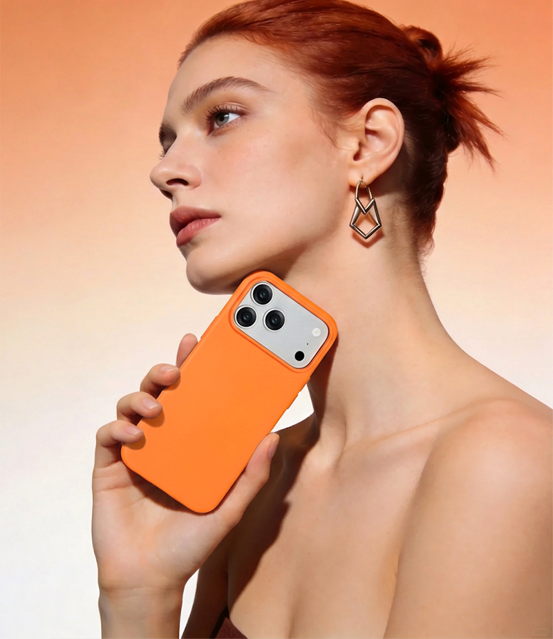 Lifestyle image of orange matte phone case