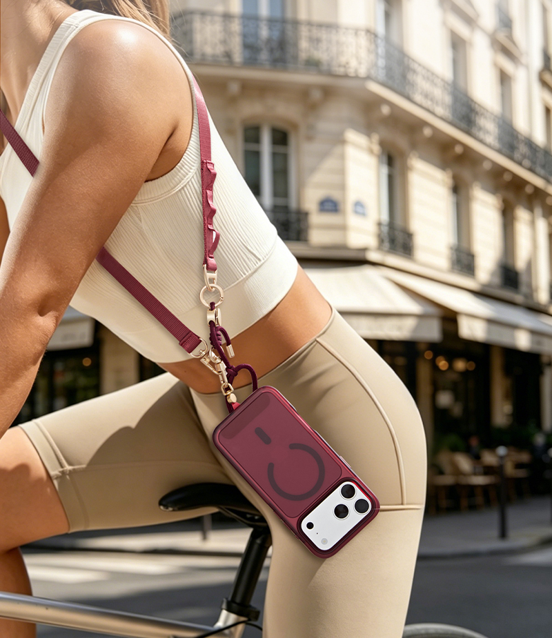 Lifestyle image of crossbody phone carry