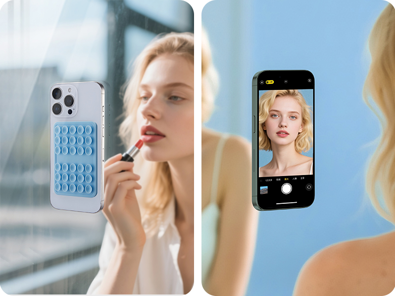 Phone mounted on mirror for makeup use