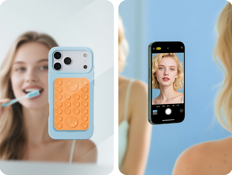 Phone mounted on mirror with suction accessory