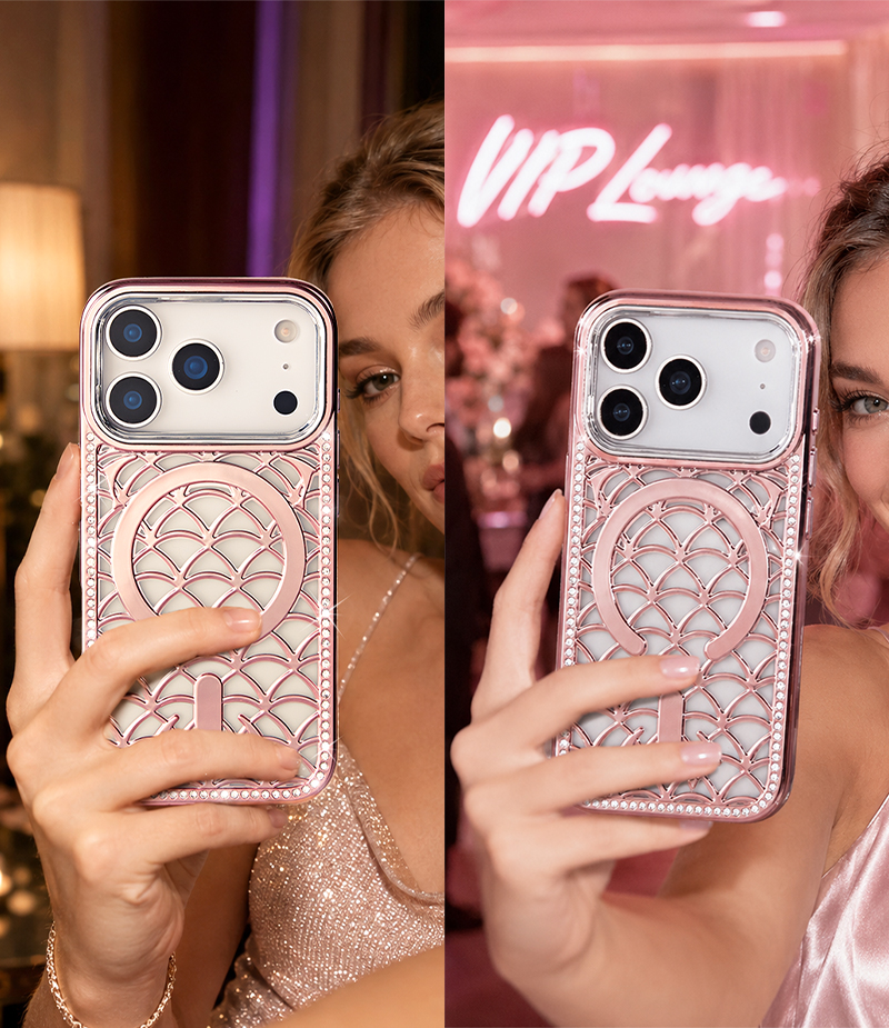Pink rhinestone phone case held at party