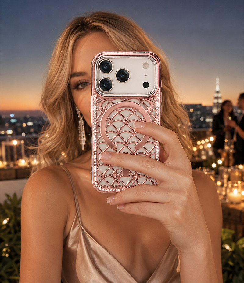 Rhinestone mermaid magnetic phone case in evening lifestyle scene