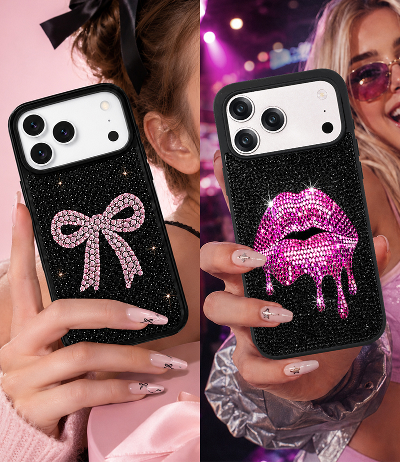 Rhinestone phone case with bow and lips patterns