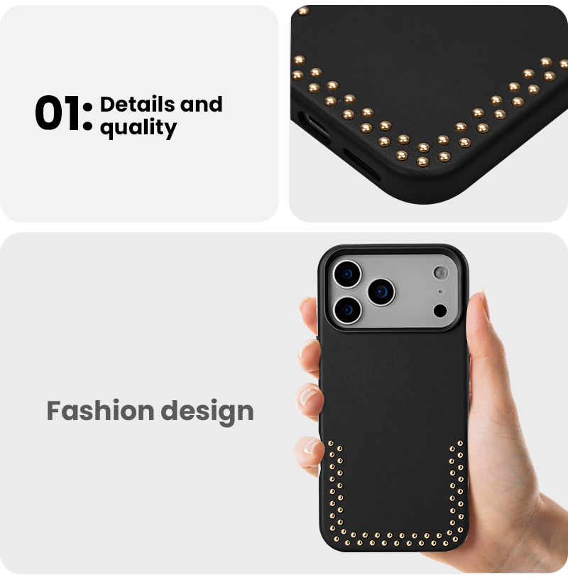 Rivet decoration and black leather texture detail