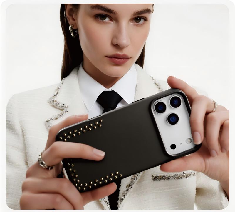 Black rivet PU leather phone case held by model