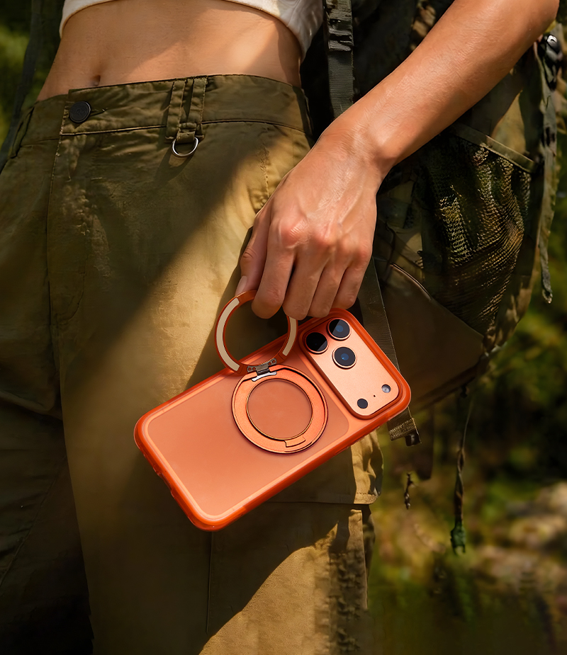 Handheld case with rotating ring stand