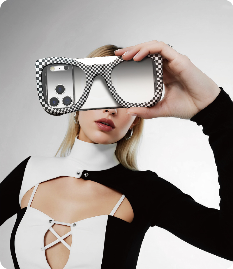 Sunglasses phone case with checkerboard frame