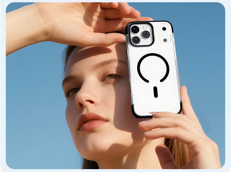 Transparent phone case held in outdoor sunlight