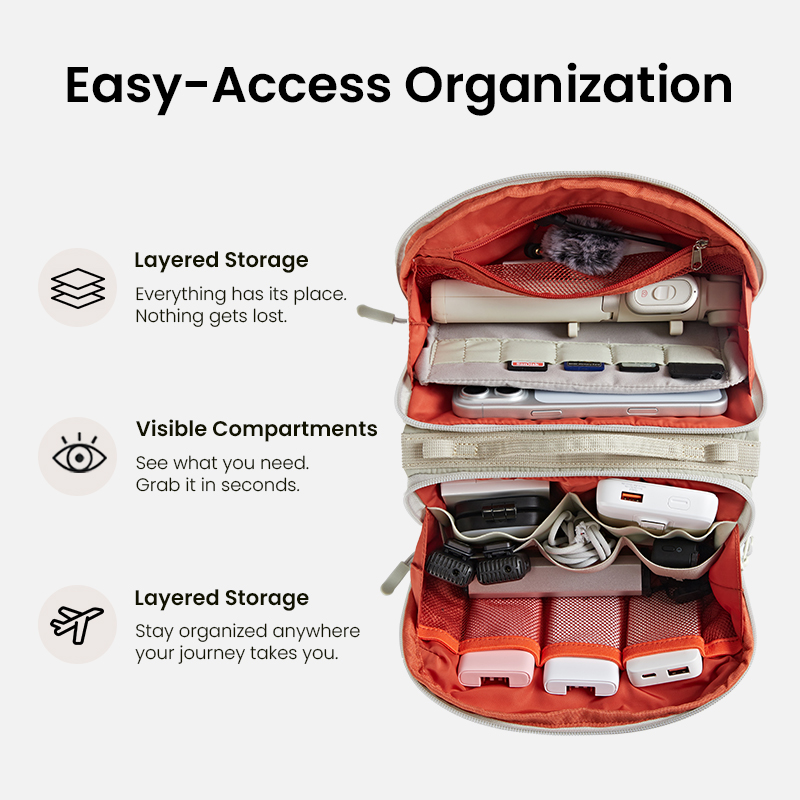 Open bag with layered storage compartments