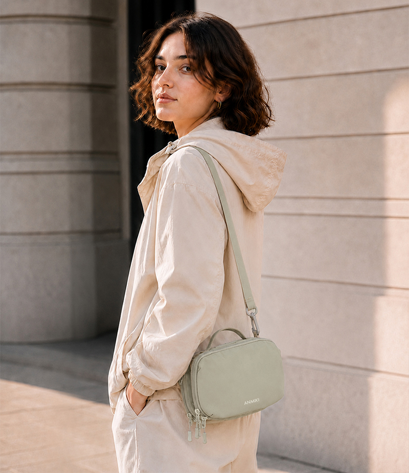 Lifestyle image of compact shoulder storage bag