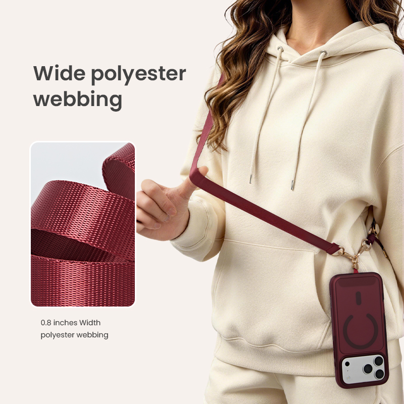 Wide burgundy webbing material detail