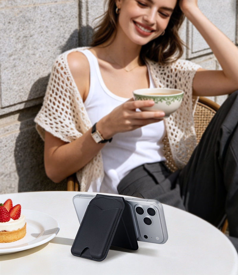Magnetic card holder with phone stand lifestyle scene