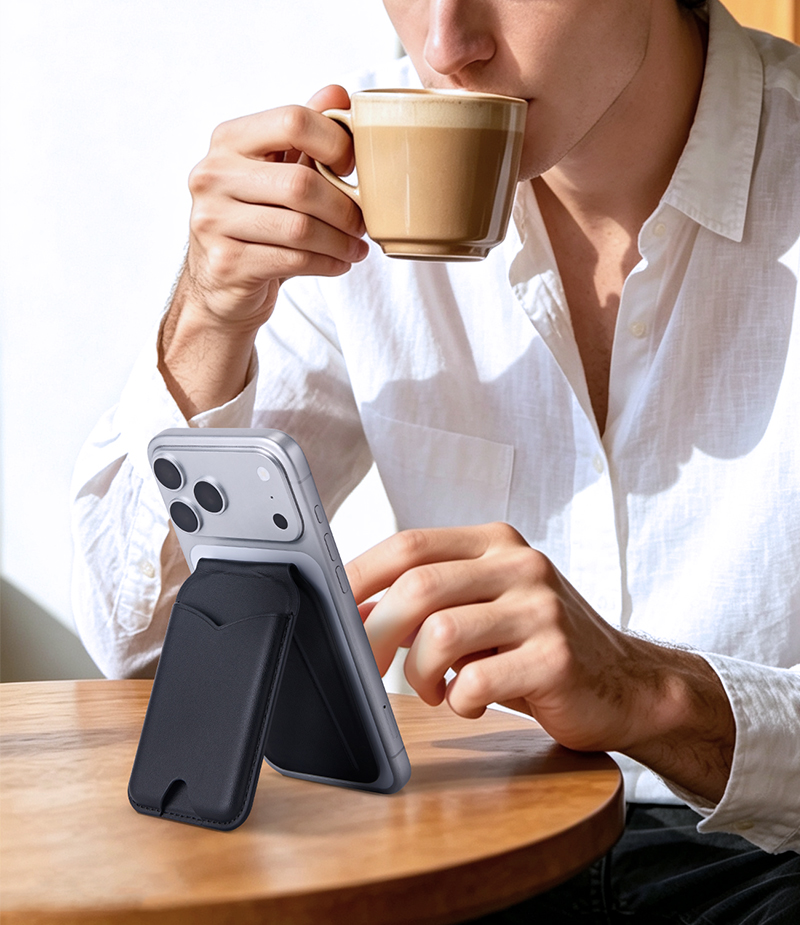 Magnetic mirror card holder used as phone stand in cafe