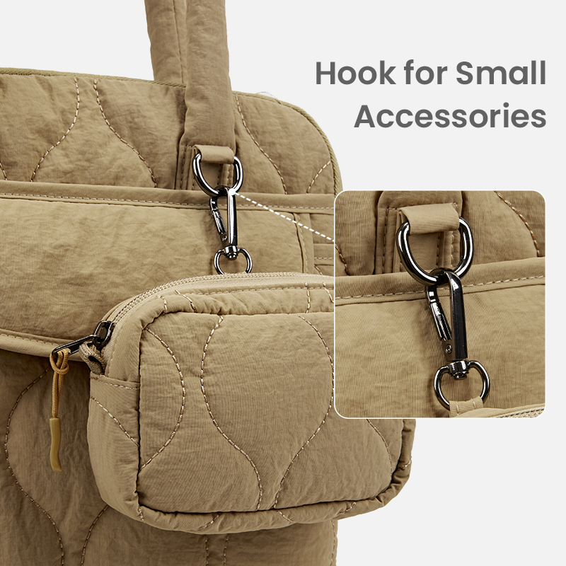 Accessory hook on quilted laptop bag