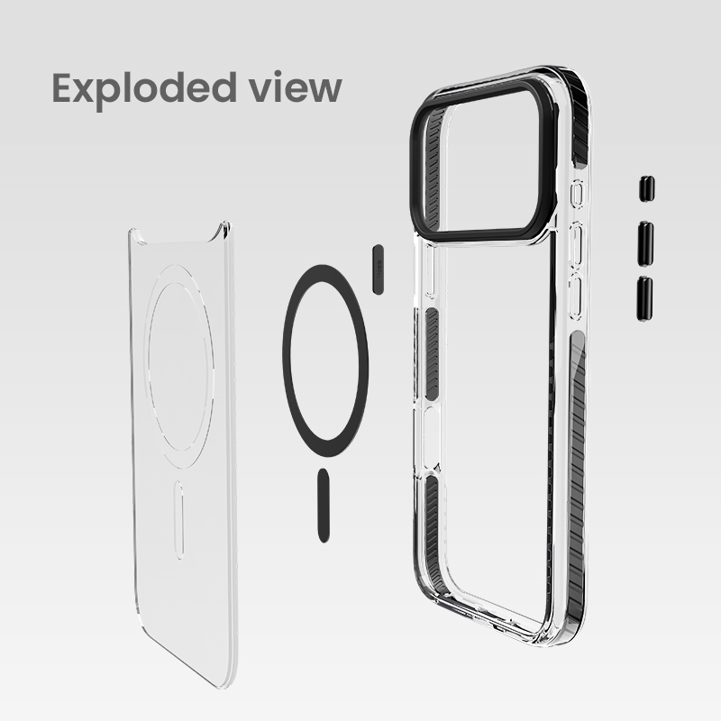 Exploded view showing the layered case structure