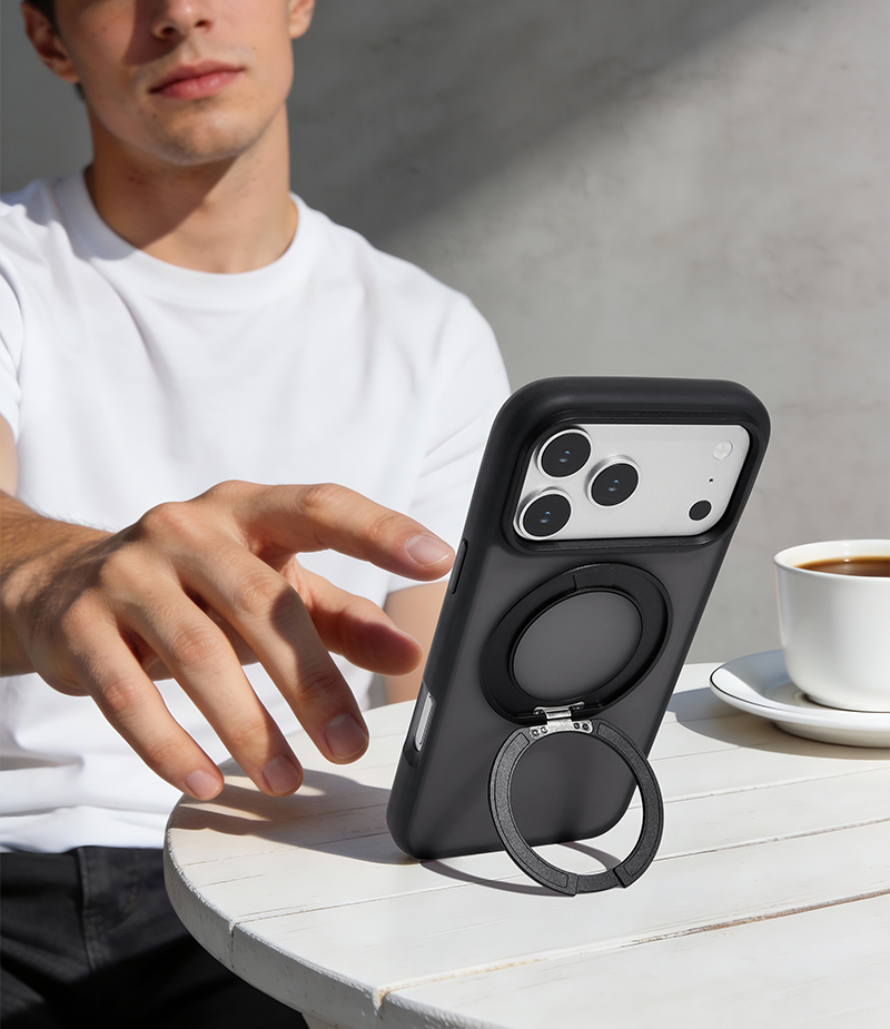 Rotating stand phone case in everyday use