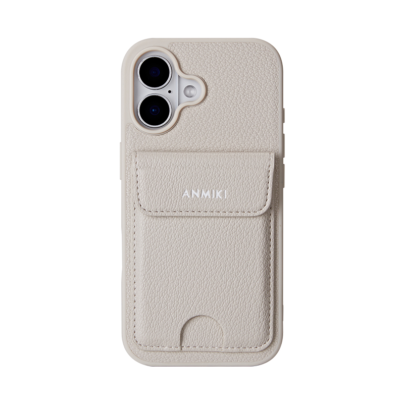 Beige litchi-grain PU leather phone case with card holder