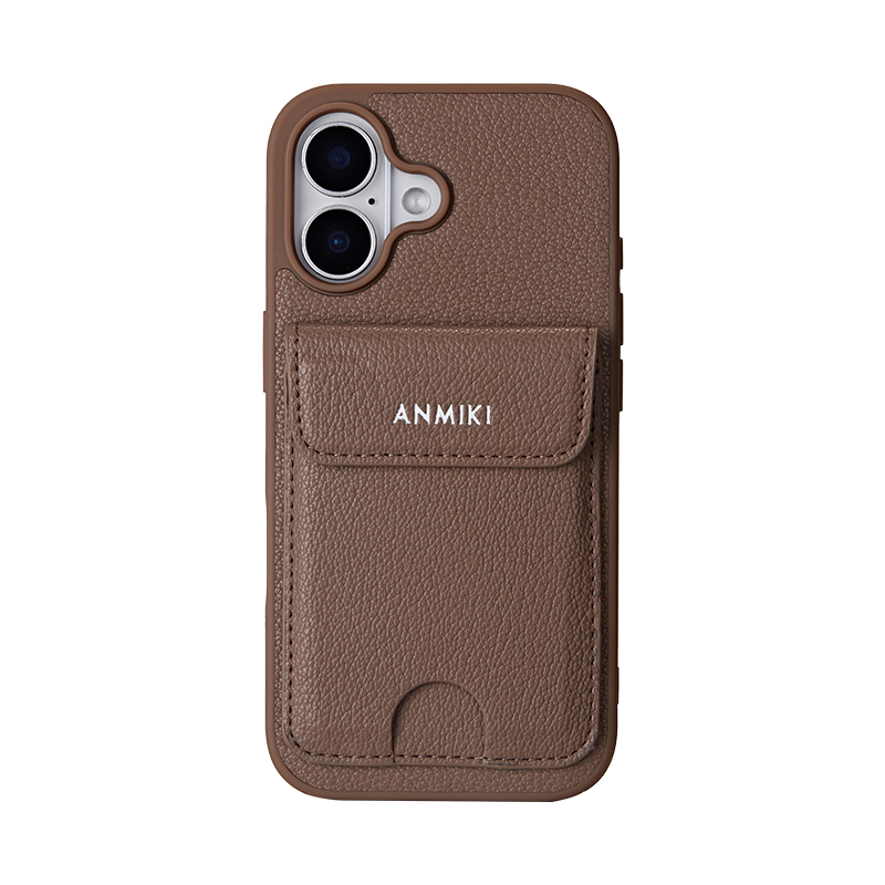 Brown litchi-grain PU leather phone case with card holder