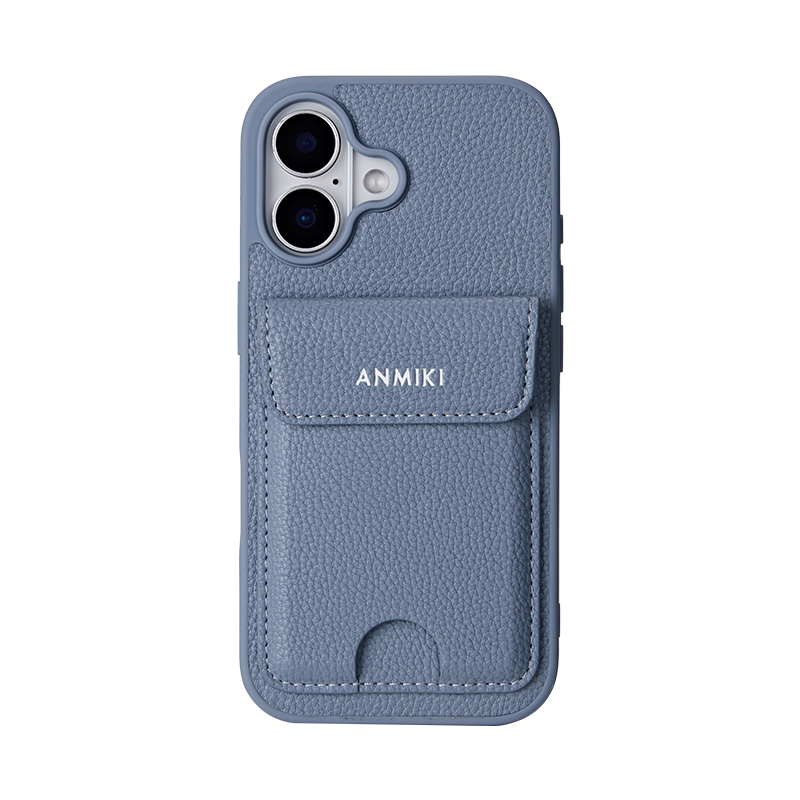 Dusty blue litchi-grain PU leather phone case with card holder